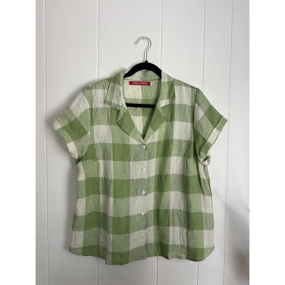 Pyne & Smith 100% Flax Linen Gingham Short Sleeve Button Up Blouse size Large - Picture 1 of 4